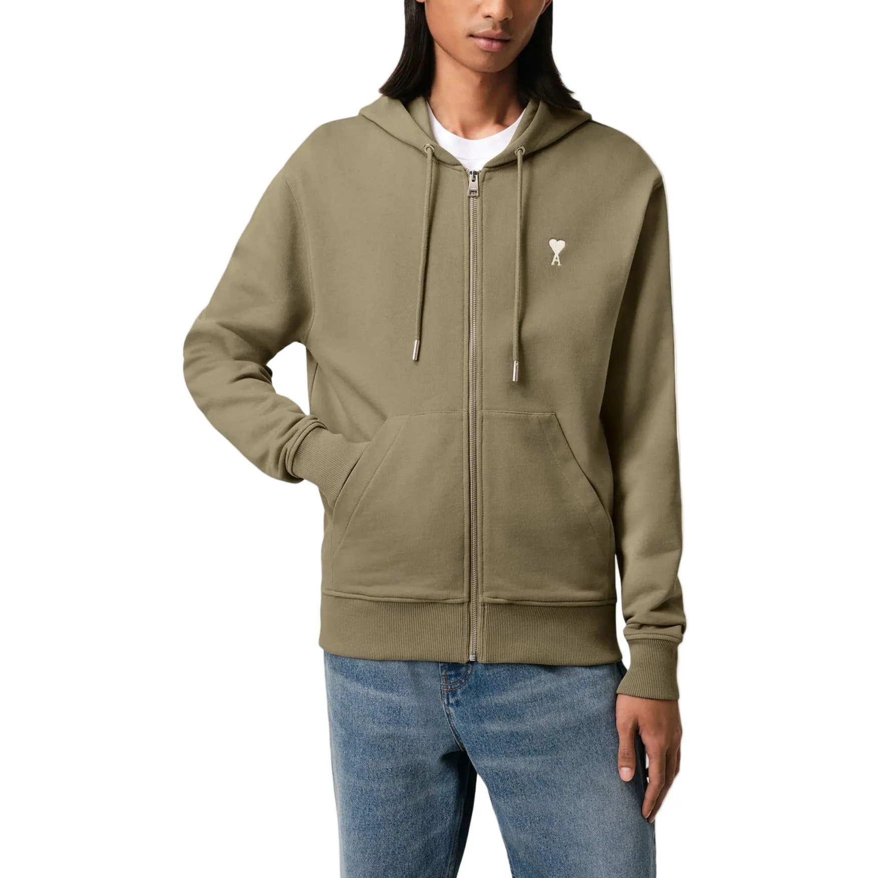 AMI PARIS BLACK COTTON AMI DE COEUR ZIPPED HOODIE OLIVE GREEN - Image 2