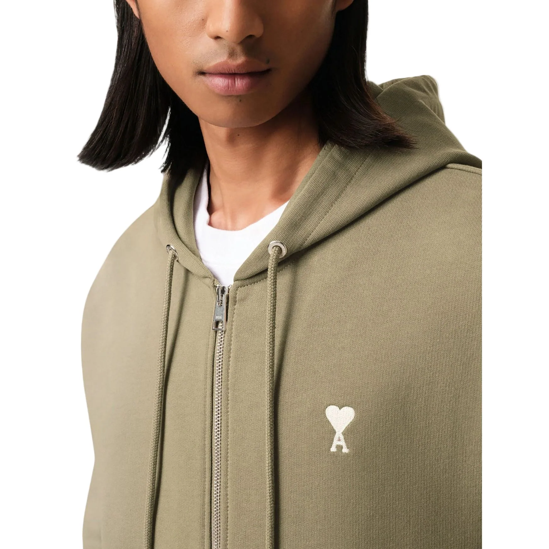 AMI PARIS BLACK COTTON AMI DE COEUR ZIPPED HOODIE OLIVE GREEN - Image 3
