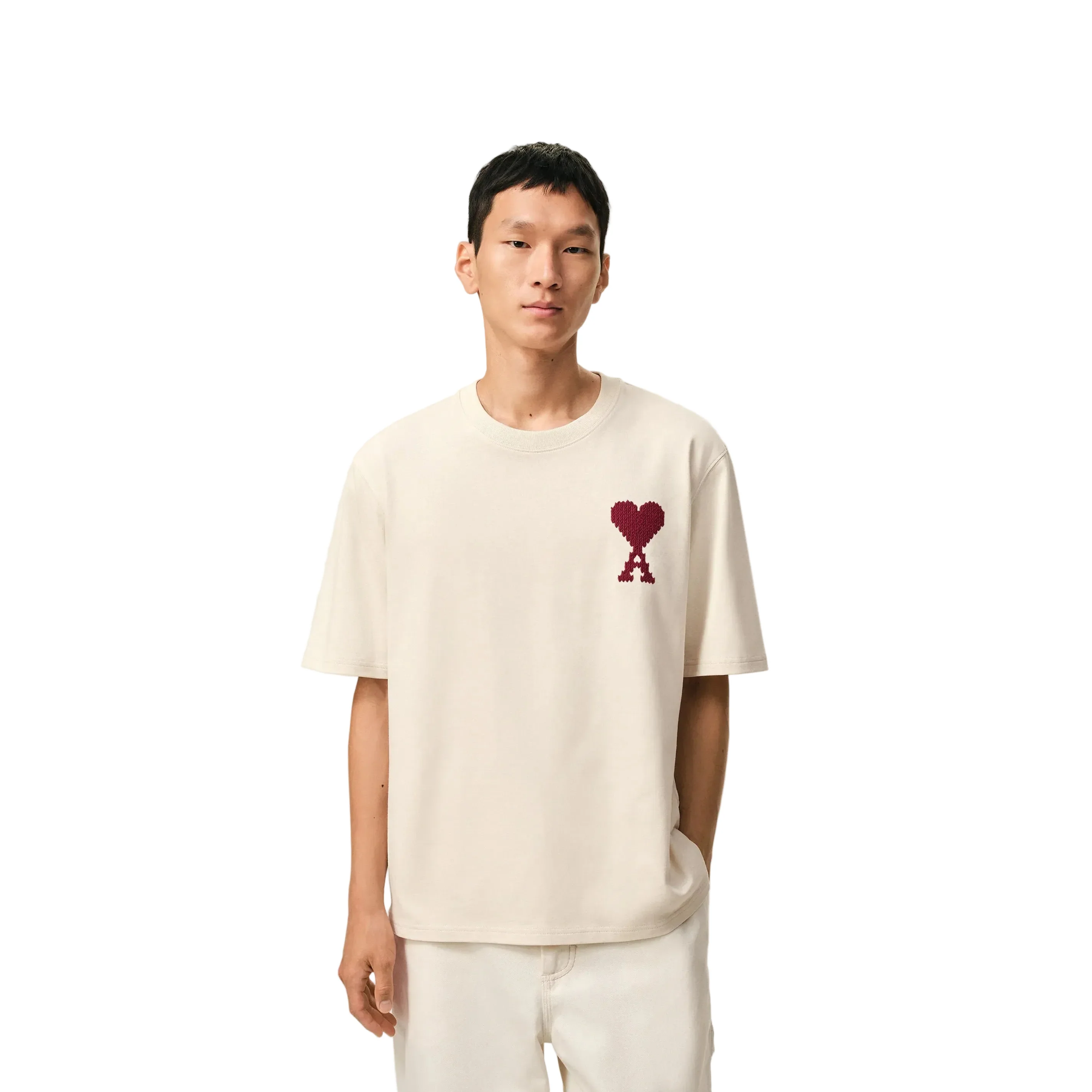 AMI Paris Cotton Zigzag Logo T-Shirt Cream/Red - Image 3