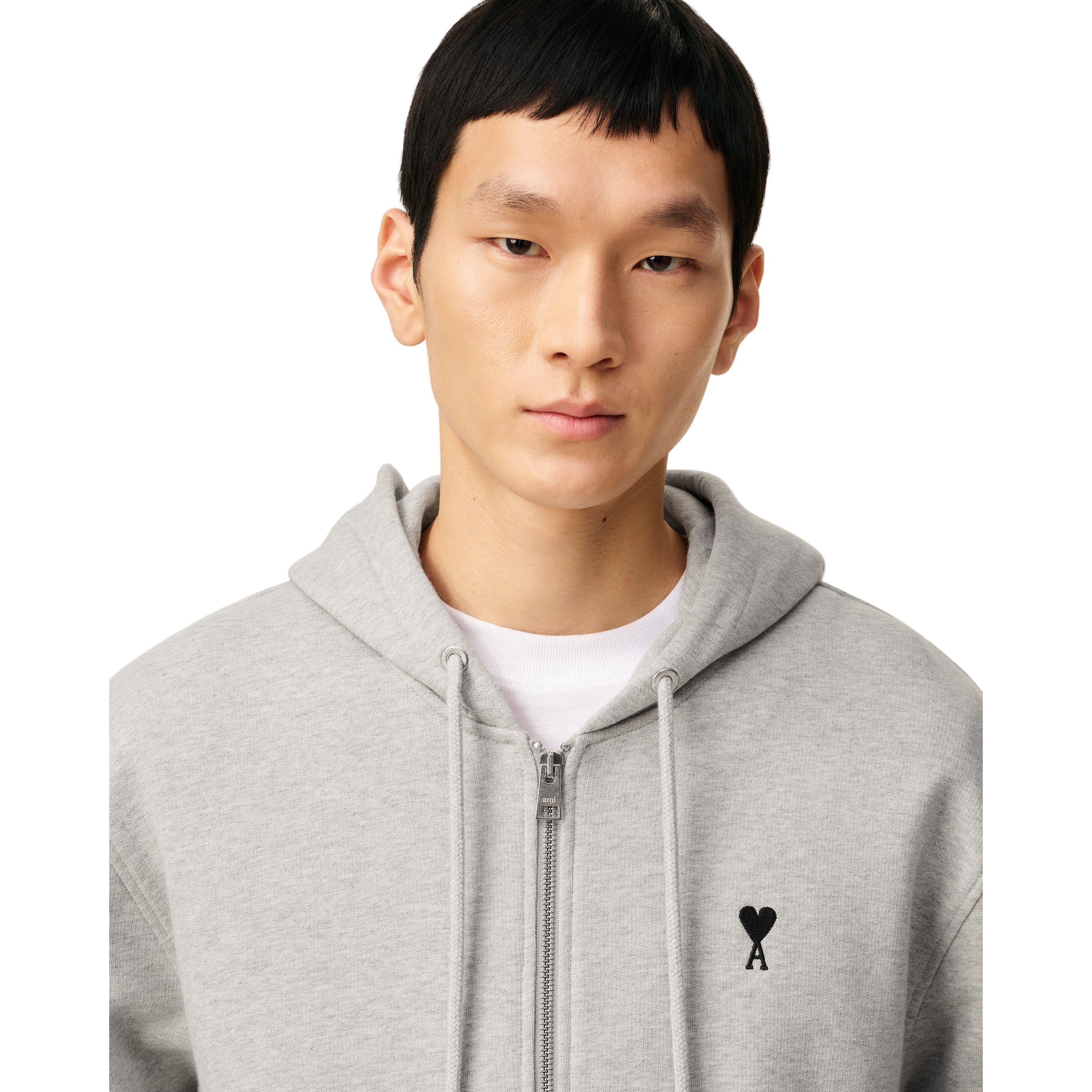 AMI PARIS GREY COTTON ZIPPED AMI DE COEUR HOODIE - Image 3