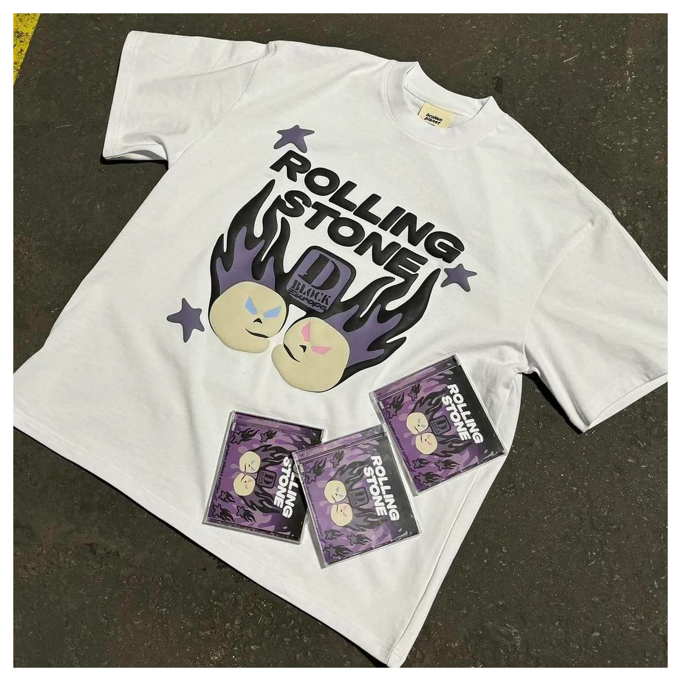 D Block Europe x Broken Planet Market Rolling Stone T-Shirt - Snow White - Image 2