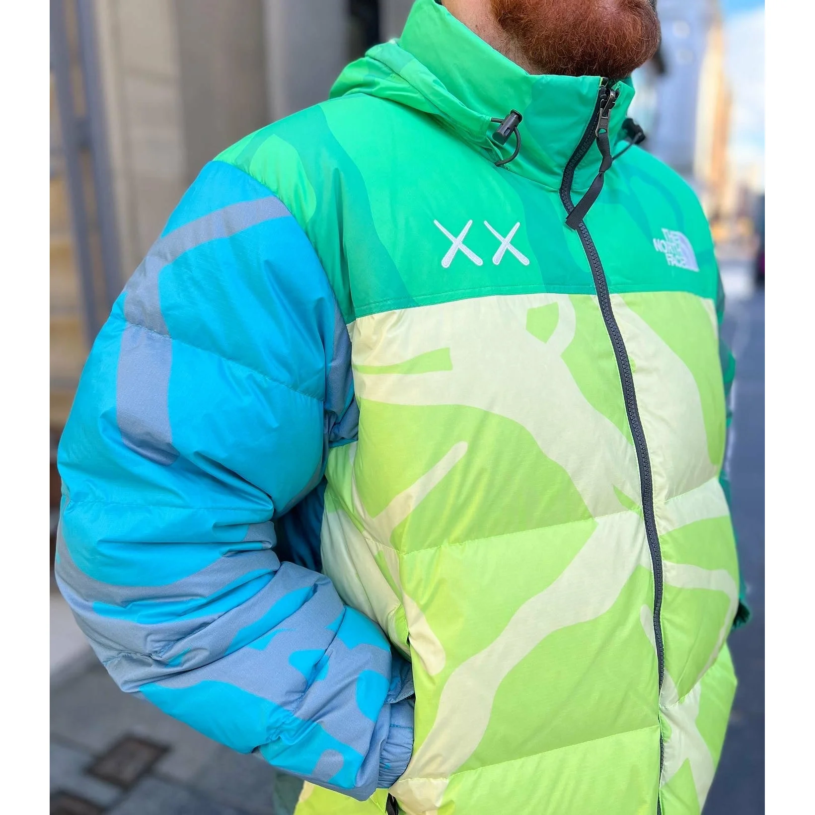 KAWS x The North Face Retro 1996 Nuptse Jacket Safety Green - Image 2
