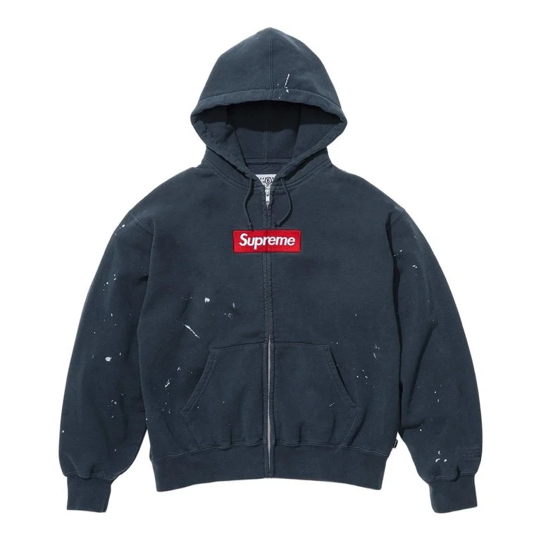 Supreme MM6 Maison Margiela Box Logo Zip Up Hooded Sweatshirt Navy - Image 4